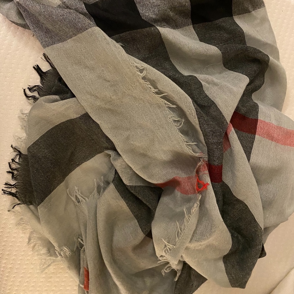 Oversized square gray tartan plaid scarf